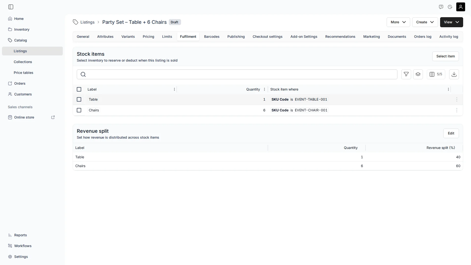 The Fulfilment tab of the 'Party Set – Table + 6 Chairs' listing (Draft) in TWICE Commerce. The Stock items section has two rules — 'Table' with quantity 1 where SKU Code is EVENT-TABLE-001, and 'Chairs' with quantity 6 where SKU Code is EVENT-CHAIR-001. The Revenue split section below shows Table at 40% and Chairs at 60%
