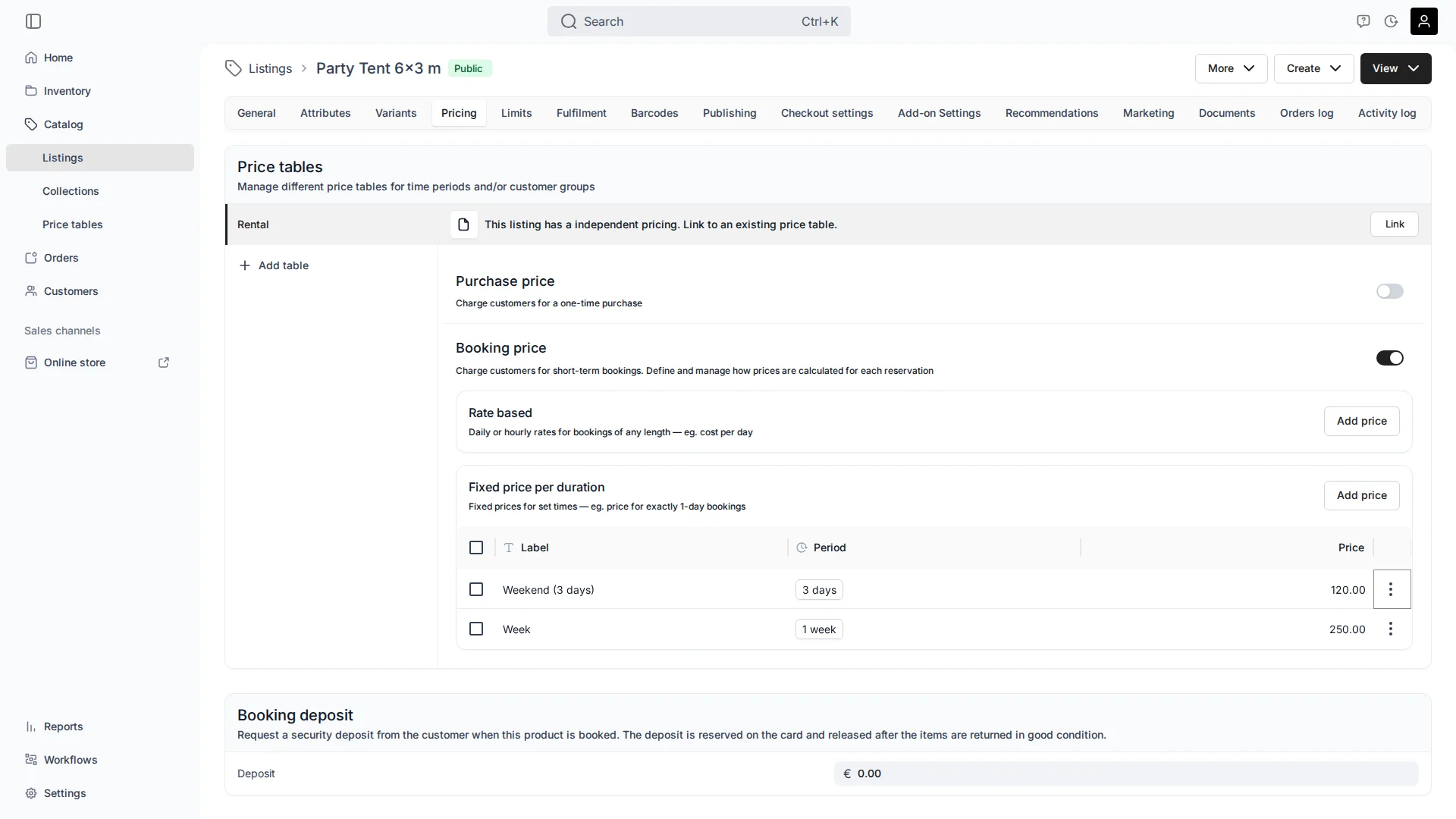 The Party Tent 6×3 m Pricing tab in TWICE Commerce showing the Fixed price per duration section with two packages — 'Weekend (3 days)' at 3 days for 120.00 and 'Week' at 1 week for 250.00 — under Label, Period, and Price columns; the Rate based section above is empty