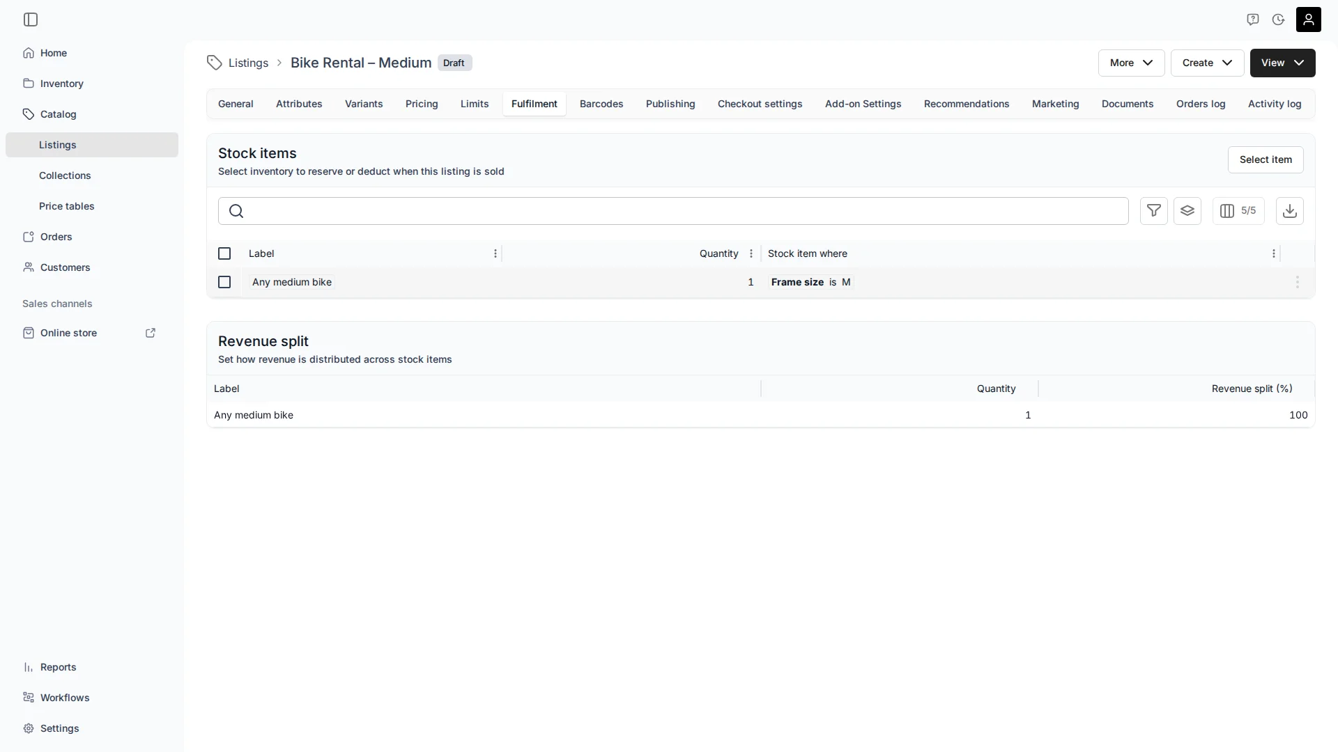 The Fulfilment tab of the 'Bike Rental – Medium' listing (Draft) in TWICE Commerce. The Stock items section has one rule — 'Any medium bike', quantity 1, where Frame size is M — matching any bike tagged that size, across models