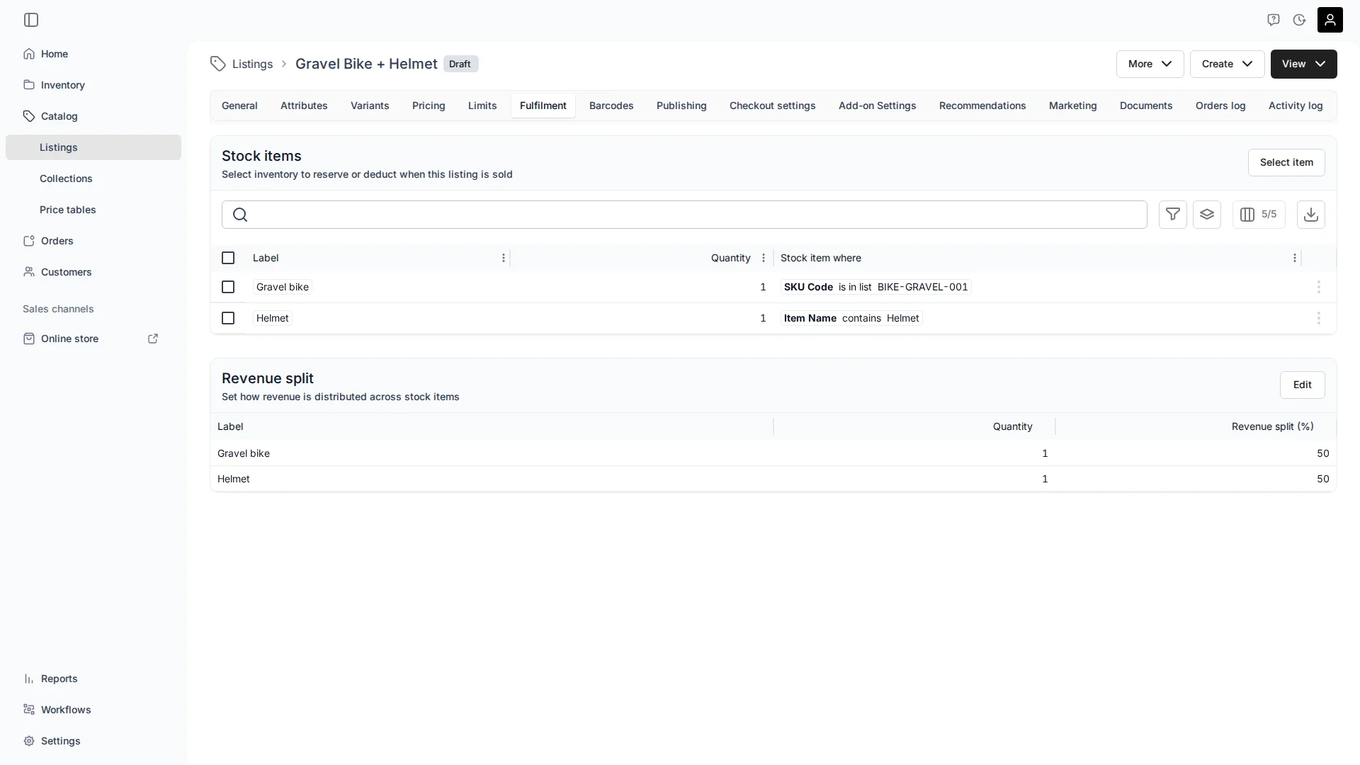 The Fulfilment tab of the 'Gravel Bike + Helmet' listing (Draft) in TWICE Commerce, with two Stock items rules — 'Gravel bike' (quantity 1, SKU Code is in list BIKE-GRAVEL-001) and 'Helmet' (quantity 1, Item Name contains Helmet)
