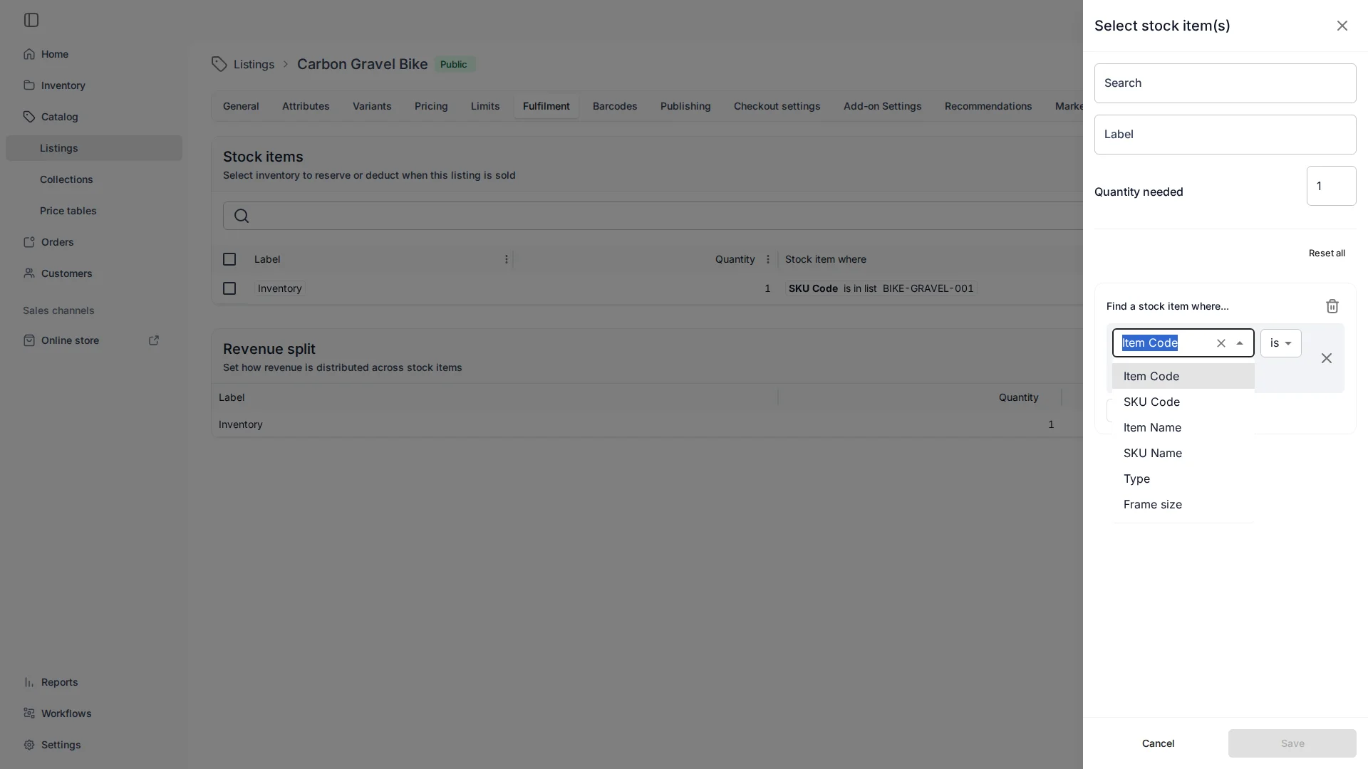 The rule editor's field dropdown open in the TWICE Commerce fulfilment 'Select stock item(s)' panel, listing the matchable fields: Item Code, SKU Code, Item Name, SKU Name, Type, and Frame size — the last two appearing because they're defined on the bikes