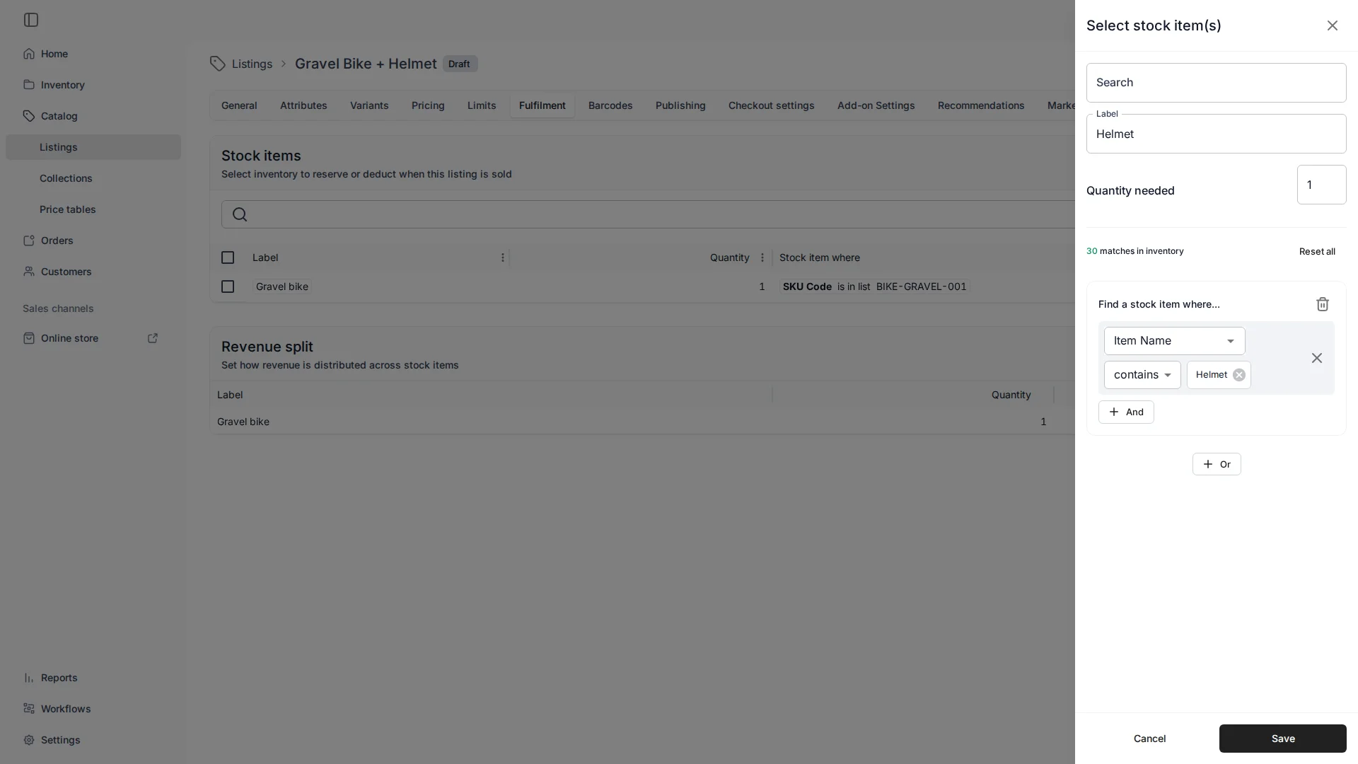 Building a second fulfilment rule in TWICE Commerce: the 'Gravel Bike + Helmet' listing already shows a 'Gravel bike' rule (SKU Code is in list BIKE-GRAVEL-001) in the Stock items table, while the Select stock item(s) panel adds a 'Helmet' rule — Item Name contains Helmet, with '30 matches in inventory' shown