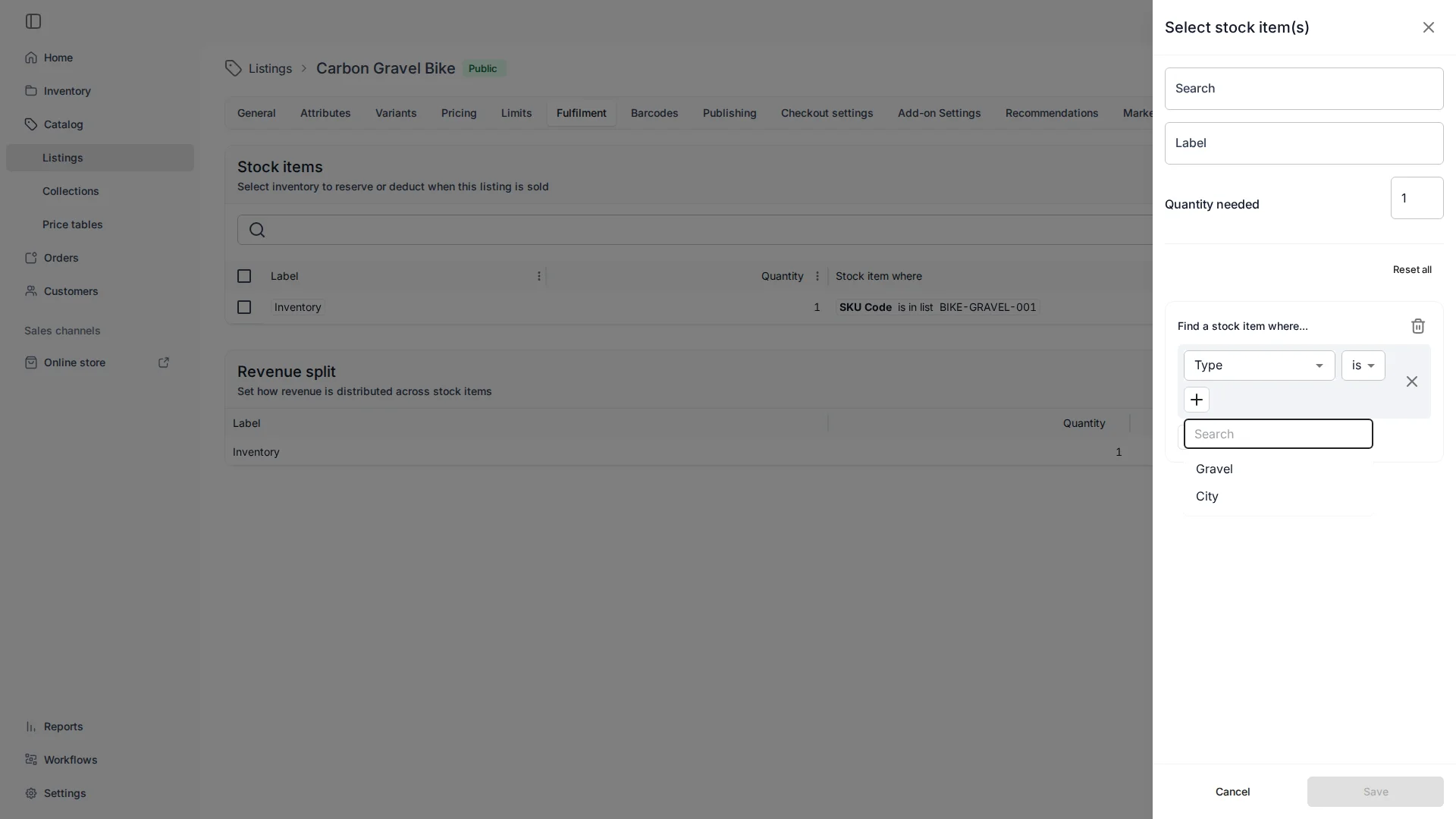 Building a condition in the TWICE Commerce fulfilment rule editor — 'Find a stock item where Type is …' — with the value dropdown offering the attribute's defined values, Gravel and City